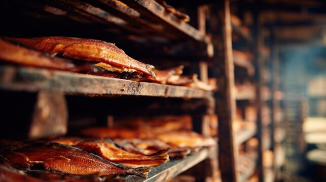 Smoked fish drying in traditional smokehouse racks on blurred background