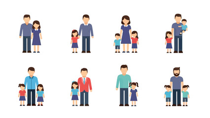 Fototapeta premium Diverse Family Units Set: Parents and Children, Flat Design Style