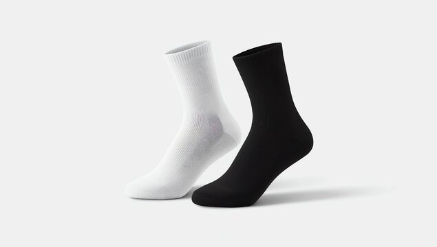 Blank black and white long socks mockup stand, half-turned view 