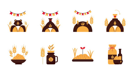 Harvest Festival Icons: Wheat, Bear, Oven, and Food Production