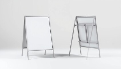 Blank white metallic outdoor stand mockup set, isolated, front and side view, 3d rendering. Clear street signage board mock up. A-board with metal frame template