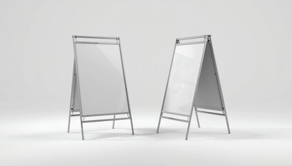 Blank white metallic outdoor stand mockup set, isolated, front and side view, 3d rendering. Clear street signage board mock up. A-board with metal frame template