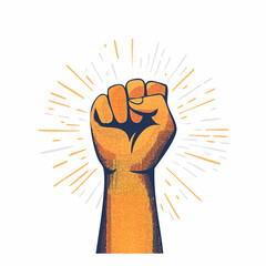 Trendy Halftone Collage Raised Fist up. Demonstration of protest. Fight for your rights.