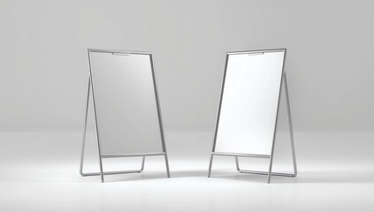Blank white metallic outdoor stand mockup set, isolated, front and side view, 3d rendering. Clear street signage board mock up. A-board with metal frame template