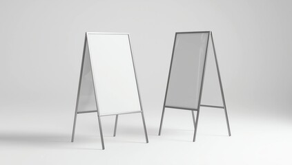 Blank white metallic outdoor stand mockup set, isolated, front and side view, 3d rendering. Clear street signage board mock up. A-board with metal frame template