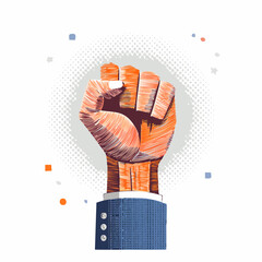 Trendy Halftone Collage Raised Fist up. Demonstration of protest. Fight for your rights.