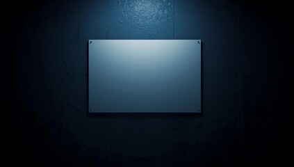 blank white rectangular poster mounted on a dark blue textured wall