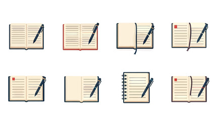 Open Notebooks with Pens Icons Set