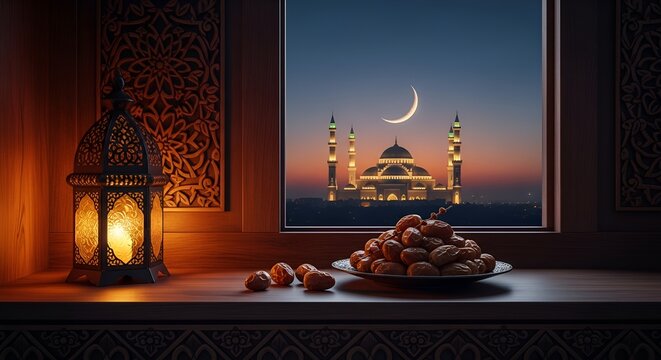 A festive Ramadan scene unfolds with a glowing lantern and a plate of dates, overlooking a majestic