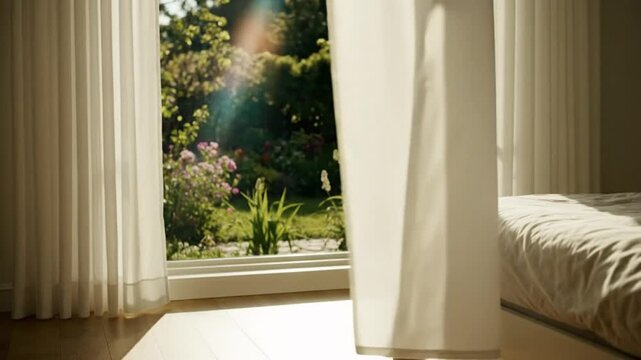 Bright daylight streaming through white sheer curtains and a window overlooking a blooming garden creates a peaceful scene