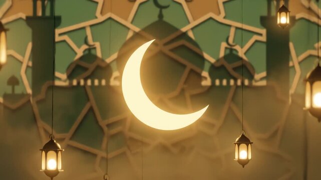 Ramadan moon and lanterns with Islamic pattern background