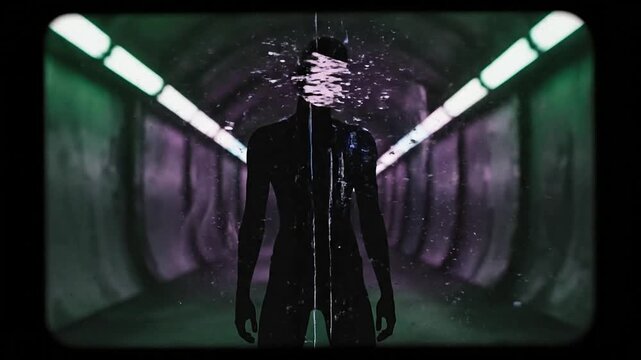A person stands in an authentic analog tunnel with a glitch effect on their face, viewed from behind in a dimly lit environment.