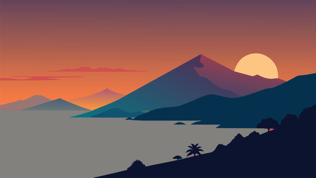 Tropical Beach Sunset with Palm Tree Silhouette and Golden Sun Illustration