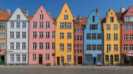 Fototapeta premium Traditional European Townhouses With Colorful Facades Under Bright Sunny Sky