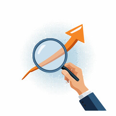 Trendy Halftone Collage Business opportunity and investment growth concept. Hand with magnifying glass and arrow pointing up.