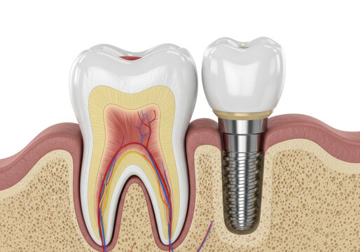 hyper-detailed 3d cross-section of a natural human incisor and a titanium dental implant embedded in jawbone, rendered against a transparent background. concept of advanced restorative dentistry