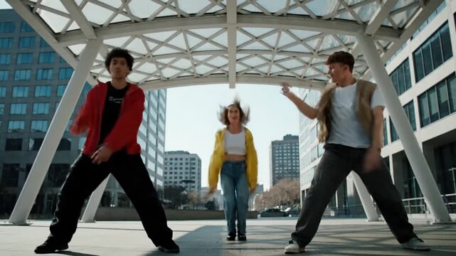 Urban dancers jumping high.