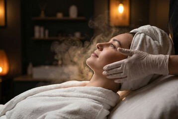 A serene spa treatment session, steam gently caressing a woman's face, conveying tranquility and relaxation