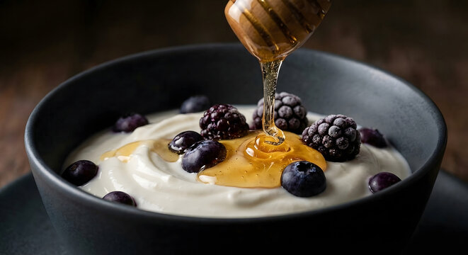 Yogurt griego cremoso con ar&aacute;ndanos, moras y miel fresca vertida en un cuenco oscuro