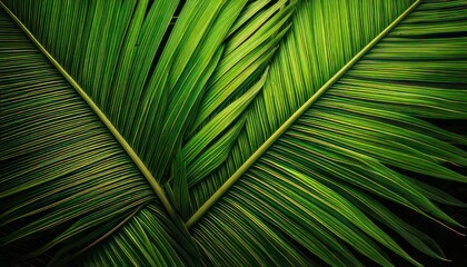 Close-up of lush green palm leaves overlapping creating a natural abstract pattern.
