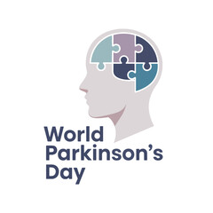 Silhouette head with puzzle pieces and Parkinson's Day text, brain awareness