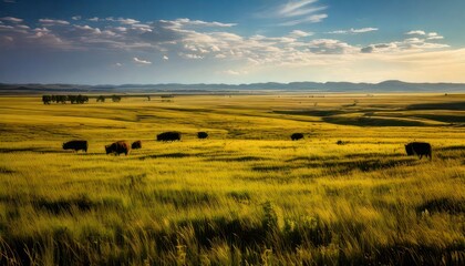 Bison grazing in the golden grasslands of Theodore Roosevelt National Park.