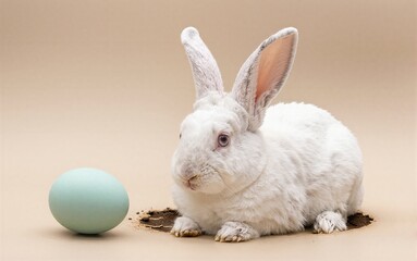 Obraz premium White bunny beside pastel egg, soft lighting, cozy earthy background.