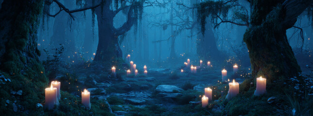 Obraz premium Candles glowing in dark forest with misty atmosphere and ancient trees creating mysterious and magical nighttime scene