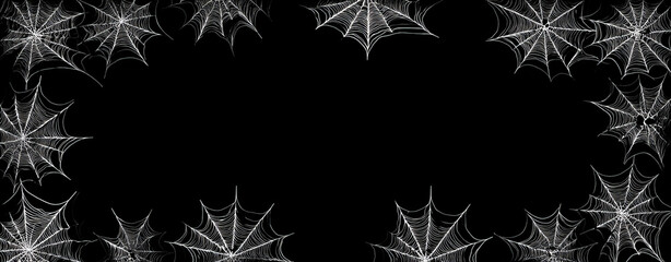 Halloween cobwebs frame on black background with spooky white spider web pattern for festive decoration