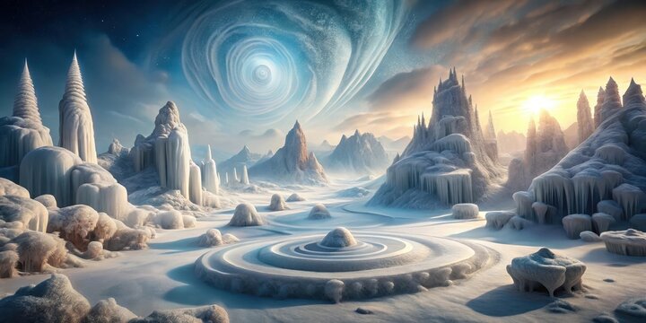 A Frozen Fantasy Realm Icy Peaks, Enigmatic Structures, and a Celestial Vortex in a Dreamlike Winter Landscape