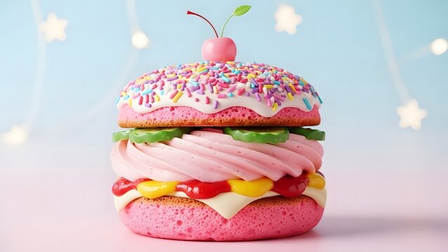 A creative and colorful dessert in the form of a burger, topped with a cherry. The dessert has pink components and sprinkles