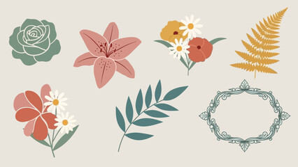 Fototapeta premium Bohemian Floral Elements: Rose, Lily, Fern, Daisy Bouquets, Frame - Vintage Style