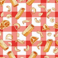Italian Pasta Bistro Red and White Checkered seamless pattern background. Checkerboard with hand drawn penne and macaroni