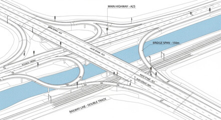 Complex highway interchange blueprint over a blue river.