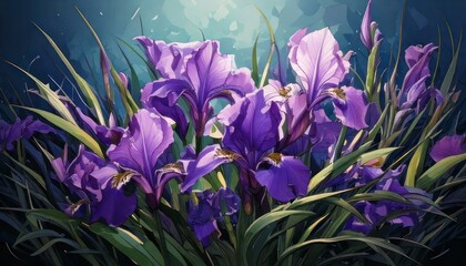 Vibrant Purple Iris Flowers in Lush Greenery Under Soft Light.
