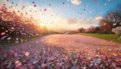 Vibrant confetti explosion over a sunlit field, celebrating joy and new beginnings.