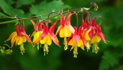 Vibrant Columbine Blossoms Displaying Red and Yellow Hues in Natures Embrace.