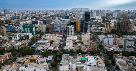 Panoramic aerial cityscape of San Isidro district, Lima, Peru.