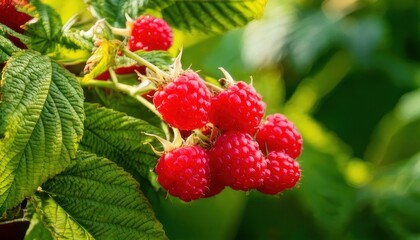 Vibrant Raspberries on the Vine - A Close-Up of Summers Bounty.