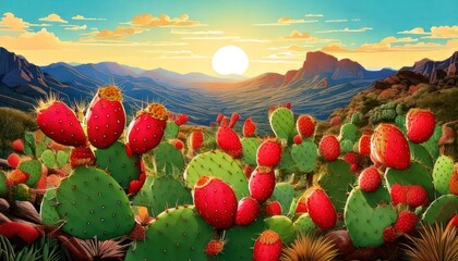 Vibrant Desert Sunset Over Prickly Pear Cactus Field.