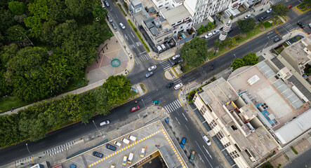 Aerial view of a street intersection in classic Lima neighborhoods, South America.