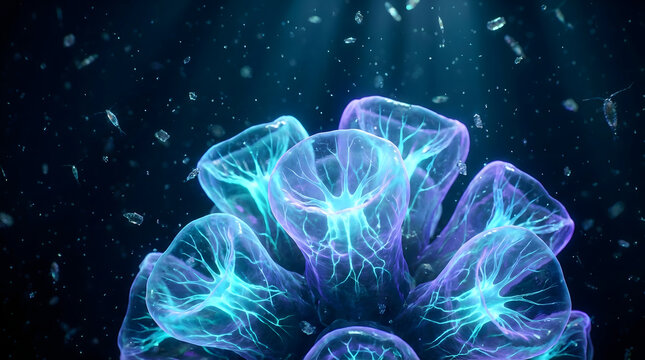 Organismos marinos bioluminiscentes en las profundidades del oc&eacute;ano con plancton flotante