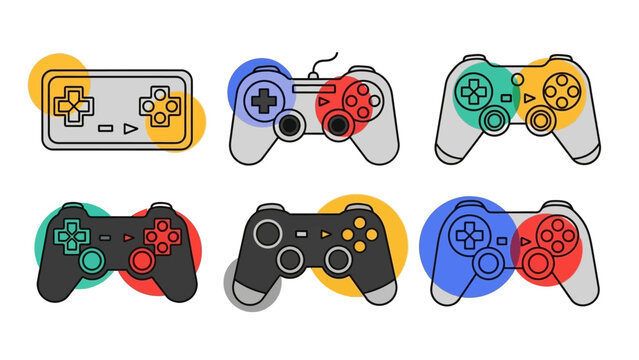 Collection of Modern Game Controllers with Colorful Circles, Gaming Concept