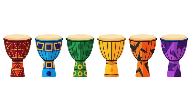 Colorful African Djembe Drums Set Isolated on White Background