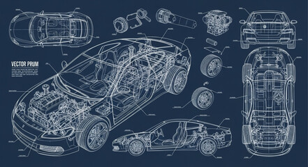 Naklejka premium Detailed Automotive Blueprint Technical Drawing of a Car.