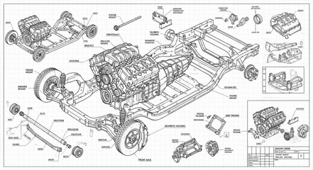 Detailed Automotive Chassis and Engine Blueprint Diagram.
