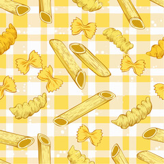 Italian yellow gingham seamless pattern with pasta. Hand drawn outline penne and macaroni. 