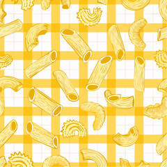Italian yellow gingham seamless pattern with pasta. Hand drawn outline penne and macaroni. 