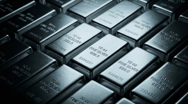 Rows of silver bullion ingots precious metal texture background