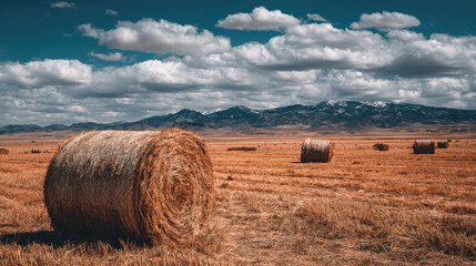Golden Hay Bales in a Rural Landscape Under a Cloudy Sky.
